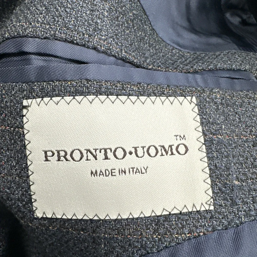 Pronto Uomo‎ Wool Silk Blazer Men 46L Windowpane Plaid 3 Button Made in Italy